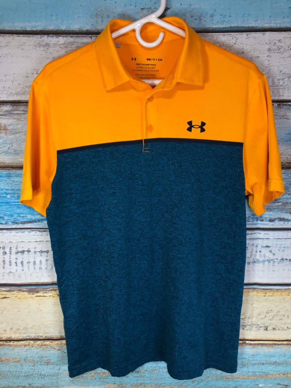 Under Armour Playoff Polo Mens Small Yellow Blue HeatGear Loose Golf Shirt